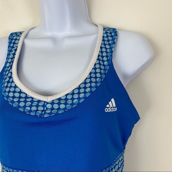 ADIDAS Blue White Dot Back Cutout Athletic Workout Tank Top Three Stripe Medium - Picture 2 of 4